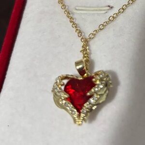 Gold-Tone Heart Necklace with Red Crystal Center